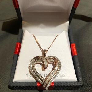 Women 1 CT TW Genuine white Diamond 14k Rose gold silver Heart pendant necklace
